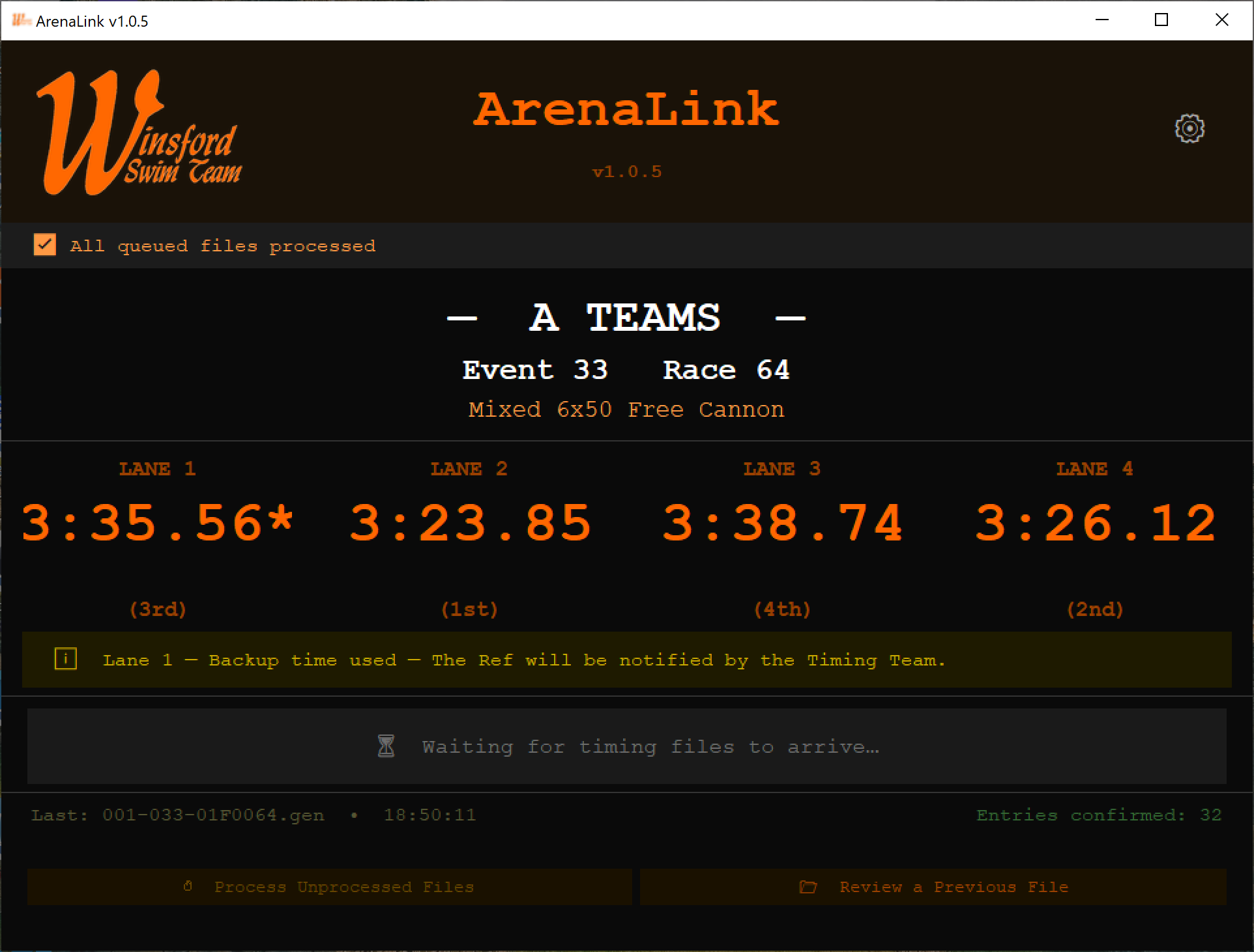 ArenaLink live race results view